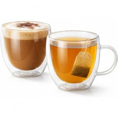 Jogo 2 Xicaras Vidro Duplo 250ML Parede Termica com Alca para Cafe Cha e Sucos Transparente