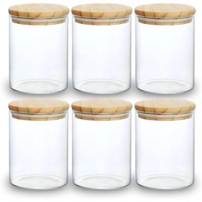 Kit 06 Potes Hermeticos 300ML Vidro Tampa de Bambu Organizacao de Mantimentos Bege