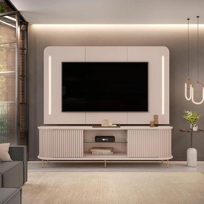 Painel com Bancada Saitama para Tv Até 75 218cm em MDF com Portas Ripadas LED Off White Gran Belo