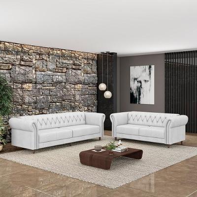 Conjunto de Sofá Stanford Chesterfield 5 Lugares Couro Branco Pés Madeira Gran Belo