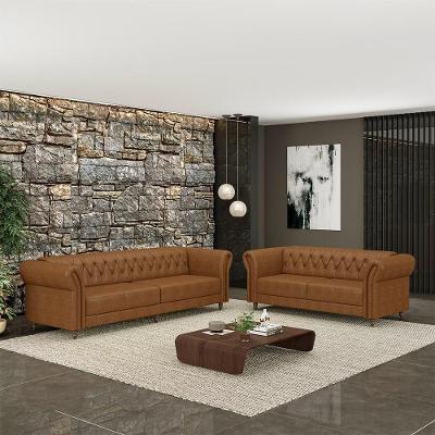 Conjunto de Sofá Stanford Chesterfield 5 Lugares Mel Couro Pés Madeira Gran Belo