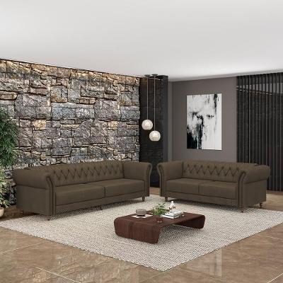 Conjunto de Sofá Stanford Chesterfield 5 Lugares 260cm Capuccino Couro Gran Belo