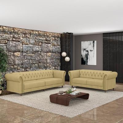 Conjunto de Sofá Stanford Chesterfield 5 Lugares Couro Bege Pés Madeira Gran Belo