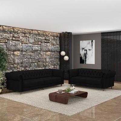 Conjunto de Sofá Stanford Chesterfield 5 Lugares Preto Couro Pés Madeira Gran Belo