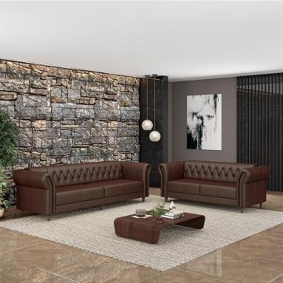 Conjunto de Sofá Stanford Chesterfield 2 e 3 Lugares Marrom Couro Pés Madeira Gran Belo