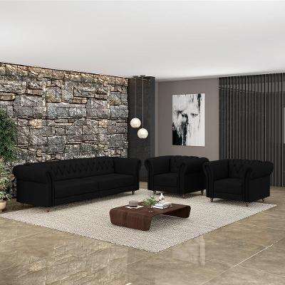 Conjunto Sofá Stanford Chesterfield G58 3 Lugares 200cm Preto Couro Gran Belo
