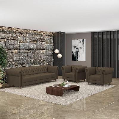 Conjunto Sofá Stanford Chesterfield G58 3 Lugares 220cm Marrom Couro Gran Belo
