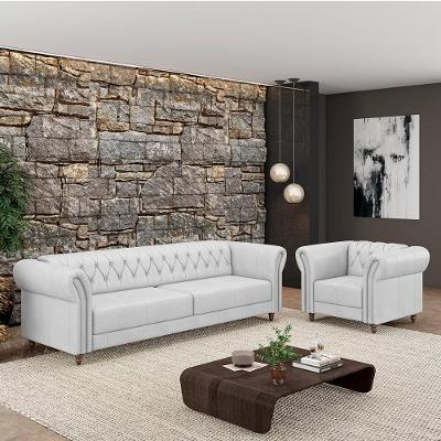 Conjunto Sofá e Poltrona Stanford Chesterfield G58 Branco Couro para Sala de Estar Gran Belo