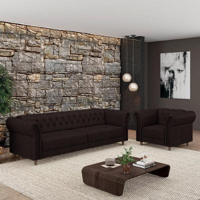Sofá e Poltrona Stanford Chesterfield 3 Lugares 180cm Marrom Couro Gran Belo