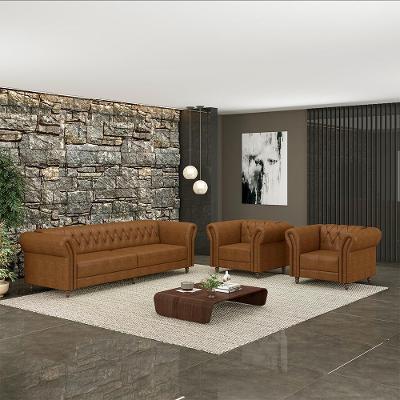 Conjunto Sofá Stanford Chesterfield G58 3 Lugares 260cm Couro Mel Manchado Gran Belo