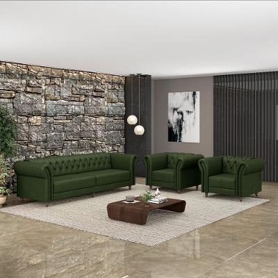 Conjunto Sofá Stanford Chesterfield 3 Lugares 260cm Couro Verde Manchado G58 Gran Belo