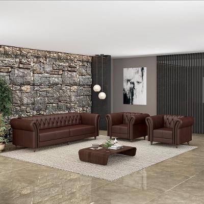 Conjunto Sofá Stanford Chesterfield 5 Lugares 260cm Marrom Couro Gran Belo