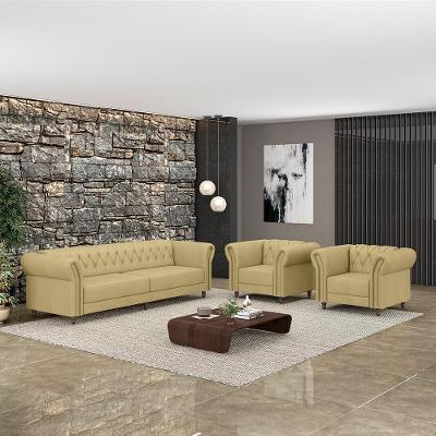 Conjunto de Sofá Stanford Chesterfield G58 5 Lugares 260cm Bege Couro Gran Belo