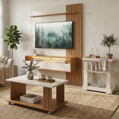 Conjunto Painel TV 72 Ripado 160cm com LED Mesa Centro e Carrinho Bar 1 Porta 1 Prateleira MDF MDP