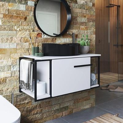 Gabinete para Banheiro Berlin Suspenso 1 Porta MDF MDP 80cm Grafite e Preto Placa & Ponto
