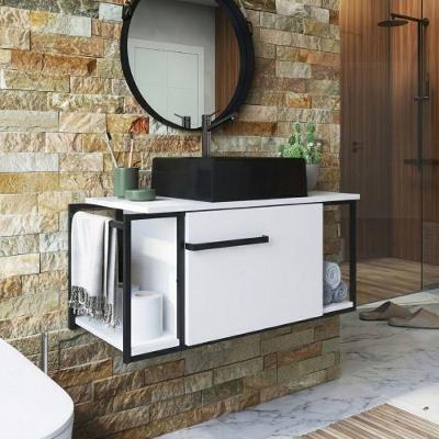 Gabinete para Banheiro Suspenso Industrial com Cuba Ametista Preta Branco 1 Porta MDF MDP 80cm Placa
