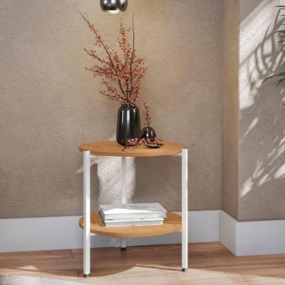 Mesa de Centro Redonda Vintage 47cm Canela e Branco com Prateleira Kappesberg
