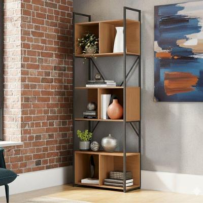 Estante Industrial Metal e Madeira 202x72cm Canela Preto Fosco com Nichos Kappesberg
