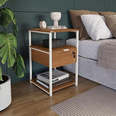 Modulo Auxiliar e Mesa de Cabeceira com Chave 1 Gaveta MDP e Aco Canela Branco Brilho Kappesberg