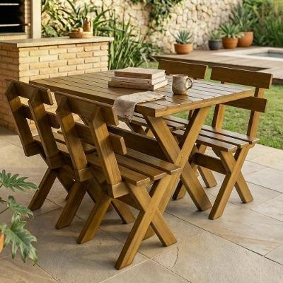 Conjunto Mesa Rústica para Churrasco 1m com 4 Bancos Estrutura Maciça Imbuia Dkadidecor
