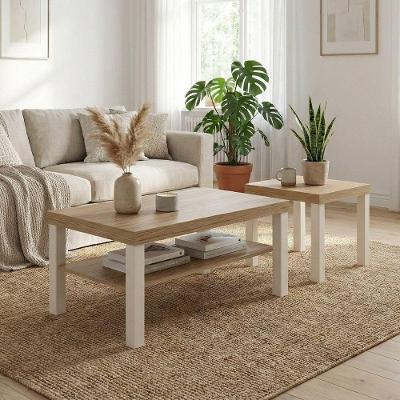 Conjunto Mesa de Centro e Apoio Up Tamburato 50mm Carvalho e Off White MDF Dkadidecor