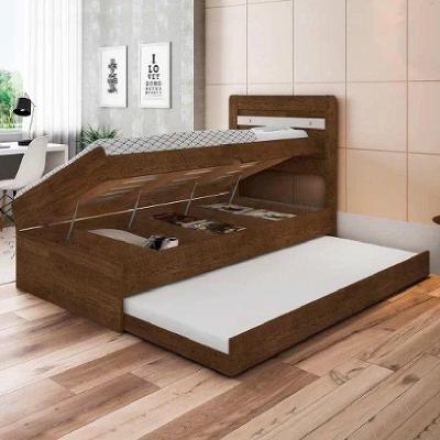 Cama Solteiro Larissa com Auxiliar MDF Ripas Pinus Malbec- Off White Framar Móveis