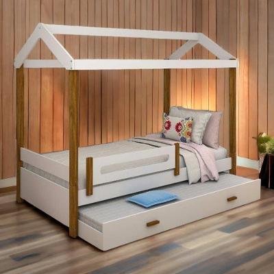 Cama Solteiro Elisa com Cama Auxiliar em MDF Branco com Grade Infantil