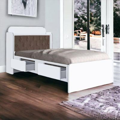 Cama Box com Baú Solteiro Tamires com Colchão Capitonê Nogal Base Branco 2 Gavetas