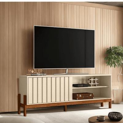 Bancada para Sala de Estar Aurora 188cm em MDP Porta Ripada Pérola Metalizado Cinamomo Mel Möbler
