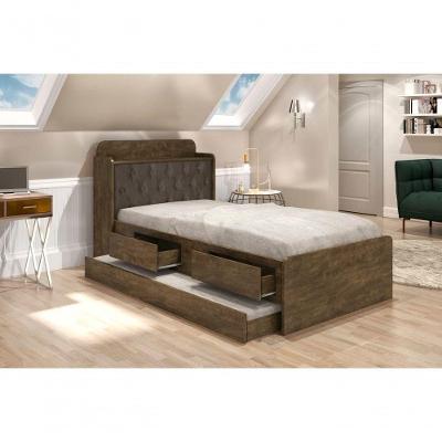 Cama com Auxiliar Solteiro 0,88cm Tamires com Baú Madeira Castanho Nogal Cambel Móveis