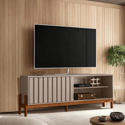 Bancada para TV Aurora 188cm em MDP com Porta Ripada Grigio Fosco e Cinamomo Mel Möbler