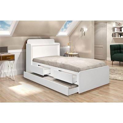 Cama com Auxiliar Solteiro Tamires com Baú Madeira Branco com Capitonê Bege Cambel Móveis