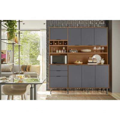Cozinha Jequitiba Cinza 7 Portas 3 Gaveteiros 160cm com Espaço para Micro-ondas Viena Móveis
