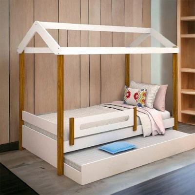 Cama Solteiro Elisa Casa com Cama Auxiliar e Grade em MDF Branco