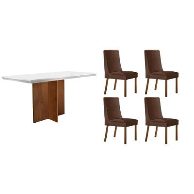 Conjunto de Jantar Berlim 4 Lugares Tampo em MDF com Vidro Mesa 120cm Suede Marrom Móveis Rufato
