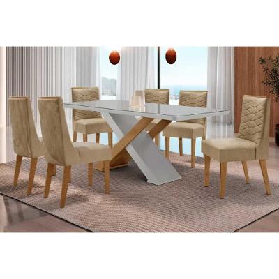 Conjunto de Jantar Imperatriz Curvo Maldivas 6 Lugares Tampo em MDF e Vidro Naturale-off White