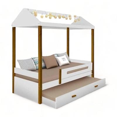 Cama Casa Solteiro Sara com Auxiliar e LED MDF Branco Sara Enxovais