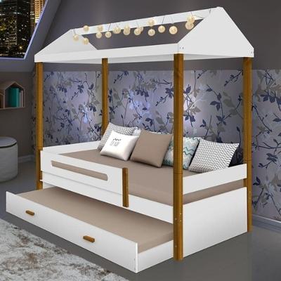 Cama Solteiro Sara com Cama Auxiliar e Led com Colchão Mdf Branco Divaloto Móveis