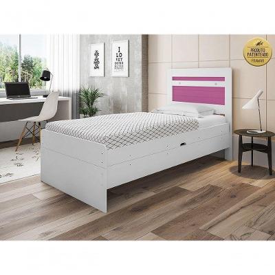 Cama Baú Solteiro Larissa em MDF e Pinus Branco e Rosa Framar