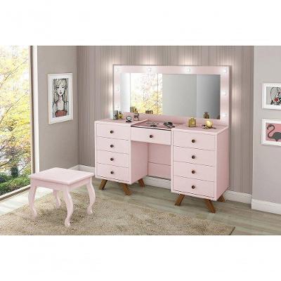 Penteadeira Camarim Mila com Espelho Banqueta e LED em MDF MDP Rosê Mila