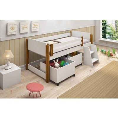 Cama Box Solteiro Naty com Colchão Branco e Mel com Baús Estrutura em MDF Divaloto Móveis