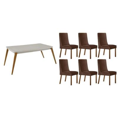 Conjunto de Jantar Havana Curvo 6 Lugares Tampo em MDF e Vidro Suede Marrom Móveis Rufato