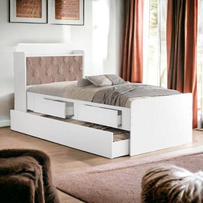 Cama Baú Solteiro Tamires com Auxiliar Madeira Branco com Capitonê Bege