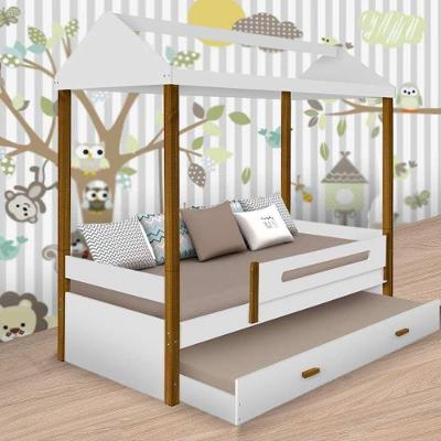 Cama Solteiro Sara com Auxiliar e 2 Colchões em MDF Branco com Grade