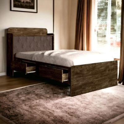 Cama Solteiro Tamires Baú com Capitonê Nogal em Madeira Marrom com Gavetas