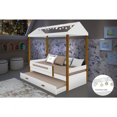 Cama Solteiro Casa Sara com Cama Auxiliar e Luzes LED em MDF Branco Divaloto Móveis