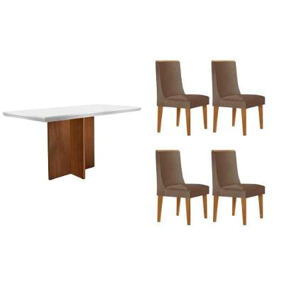 Conjunto de Jantar Berlim Curvo Dakota 4 Lugares Tampo em MDF com Vidro Mesa 120cm Naturale-off