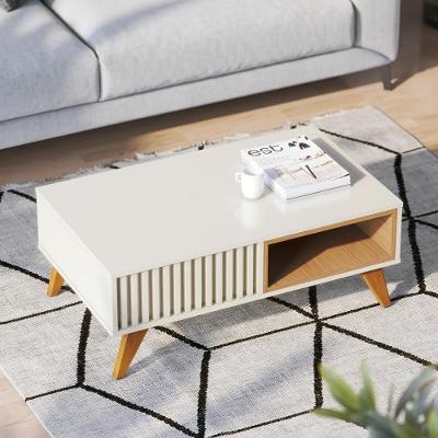 Mesa de Centro Jeri Retangular Tampo MDF Pés Madeira 90,5cm Off White Freijó Colibri Móveis