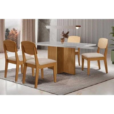 Conjunto de Jantar Berlim Curvo Havana 4 Lugares Tampo MDF e Vidro Bege Móveis Rufato