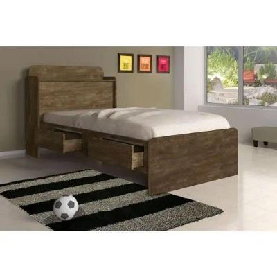 Cama Solteiro Tamires com Baú e Gavetas Castanho com Capitonê Nogal Cambel Móveis
